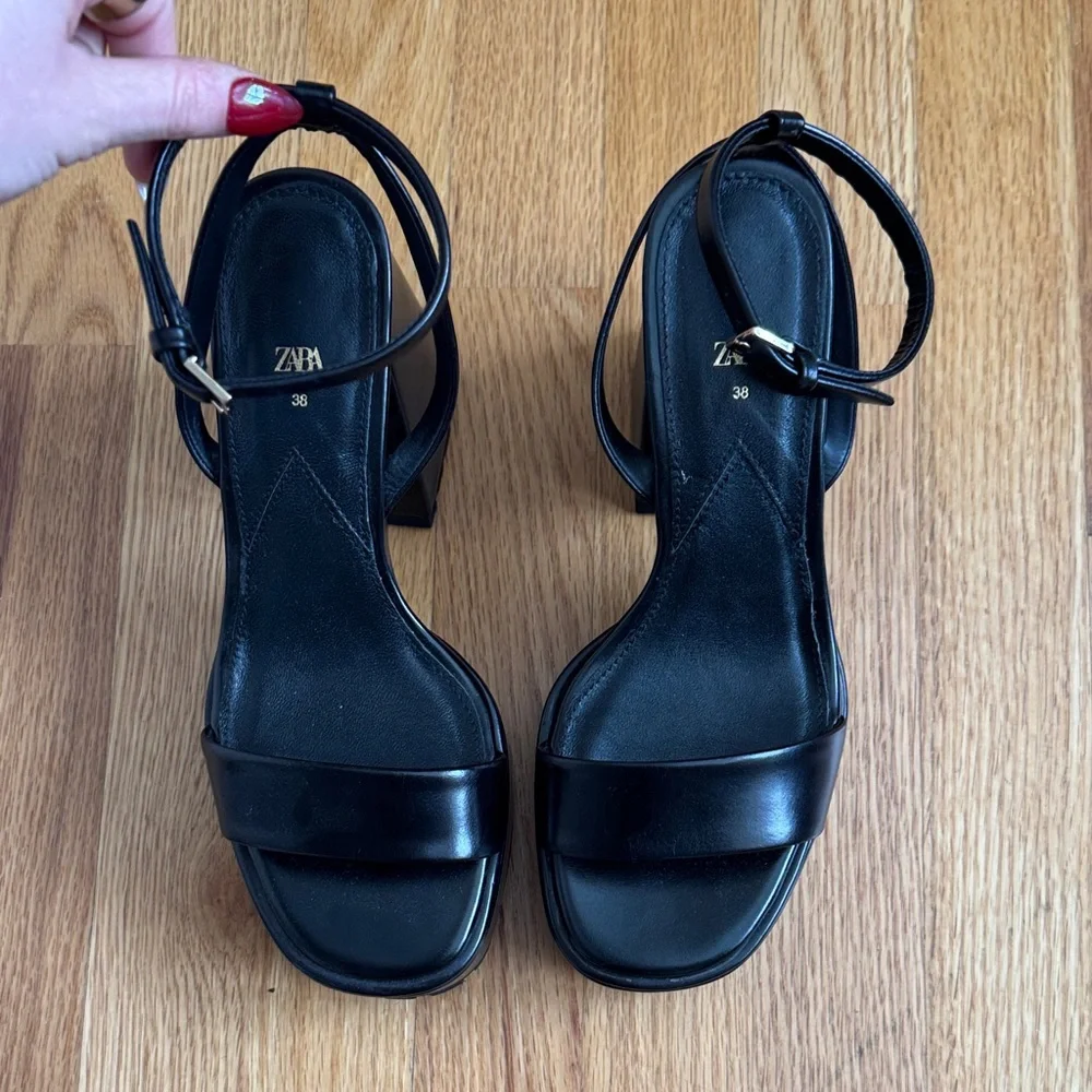 Zara Glossy Black Platform Block-Heel Sandals